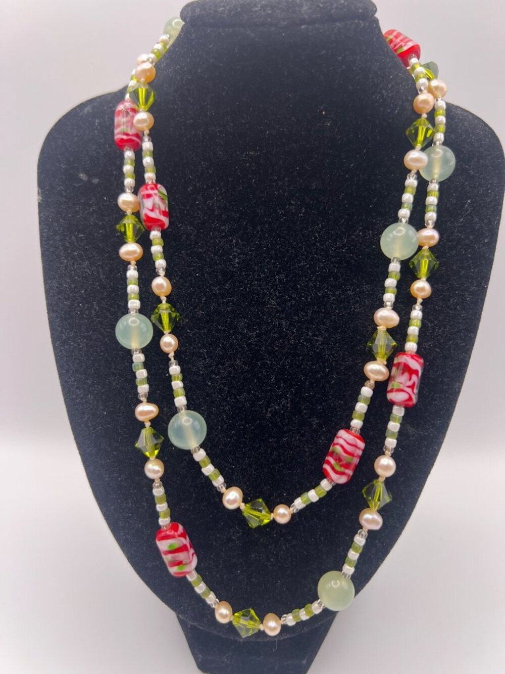 Artisan Necklace Lampwork Glass Bead Freshwater Pearl 34" Holiday Whimsical